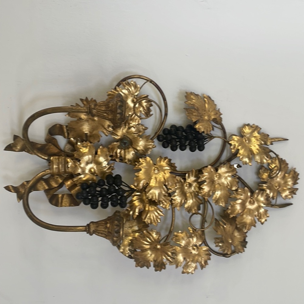 Gold grapevine candelabra for two candles or lights. Vintage MCM